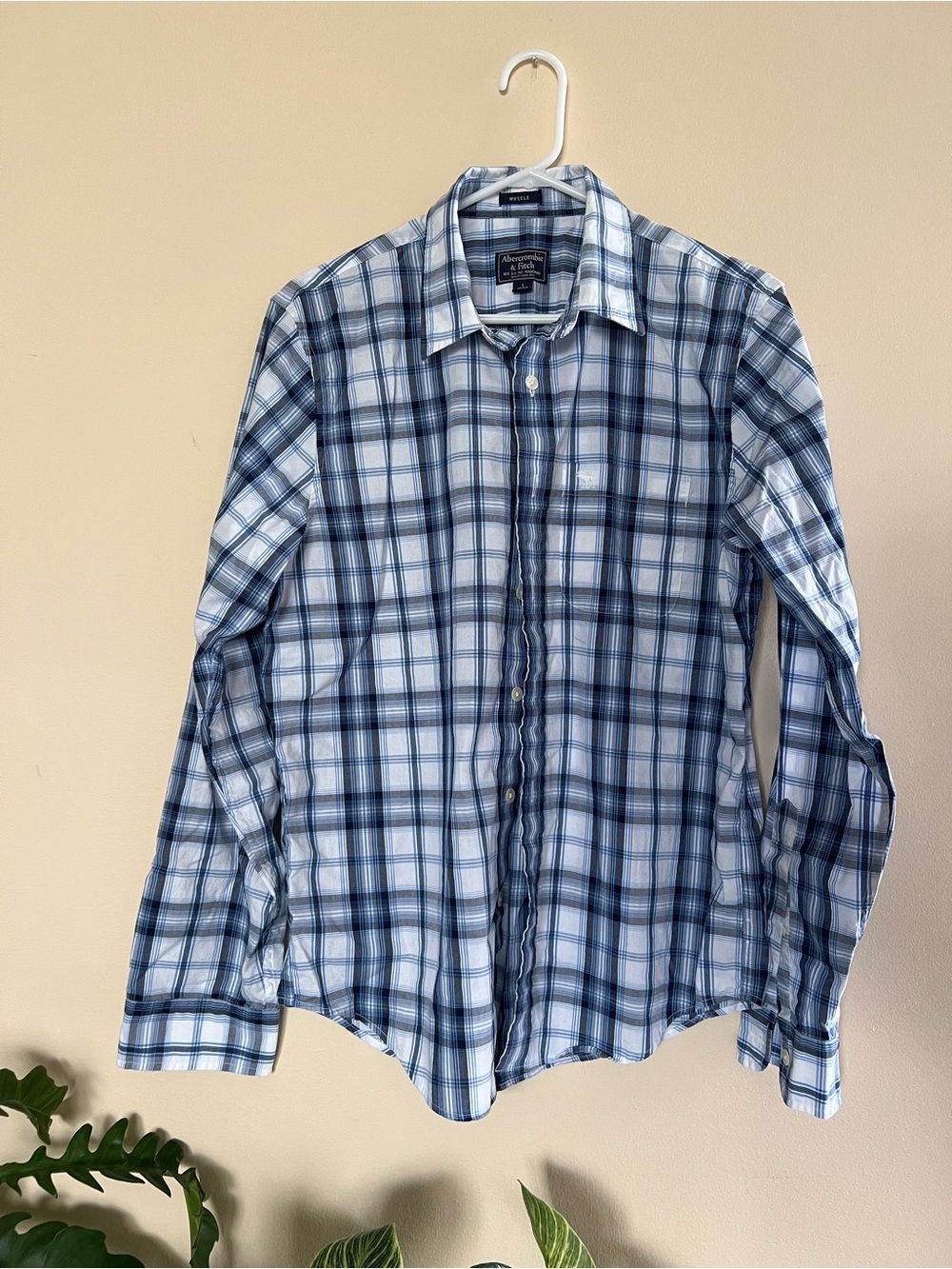 Abercrombie & Fitch Men’s Blue and White Plaid Button-Down Shirt